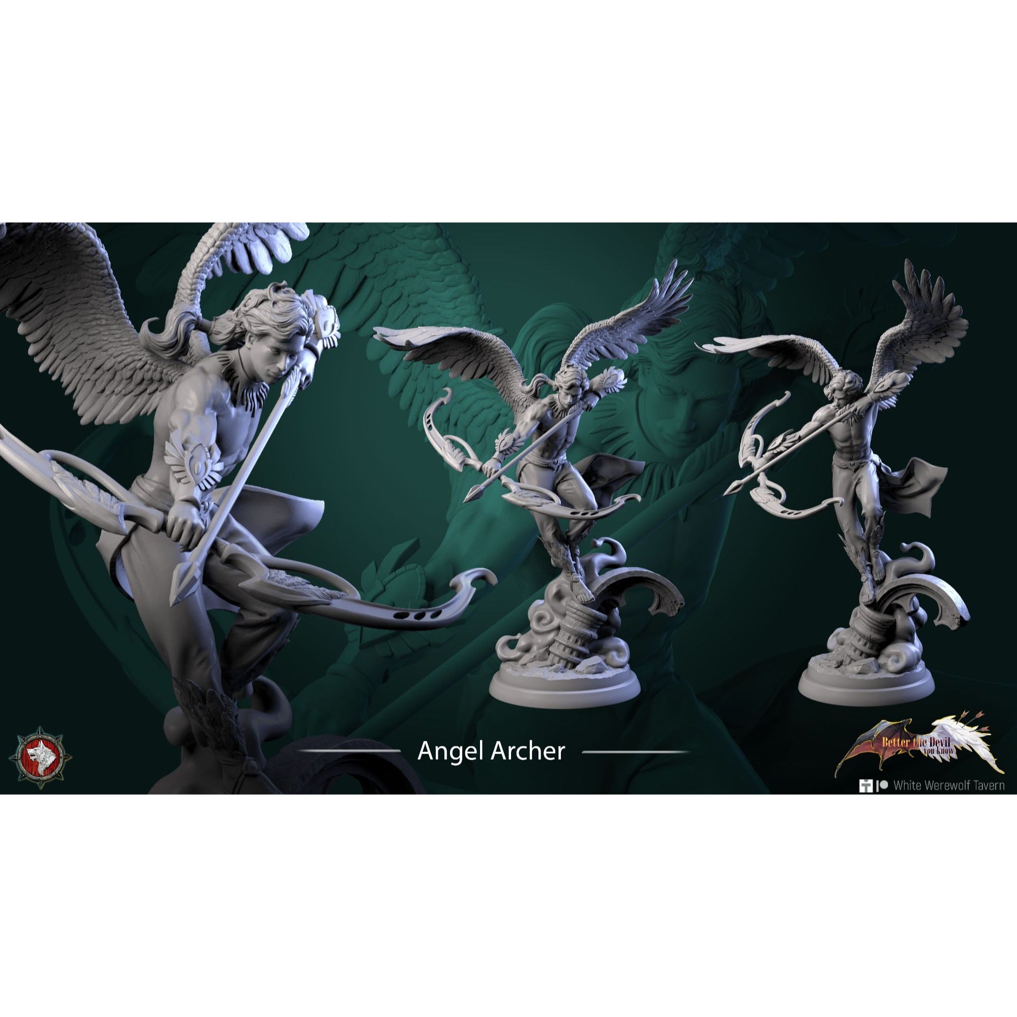 Angelic Archer 75mm Scale Statuette - Better the Devil You Know - 3d Printed Miniature Sculpted by White Werewolf Tavern