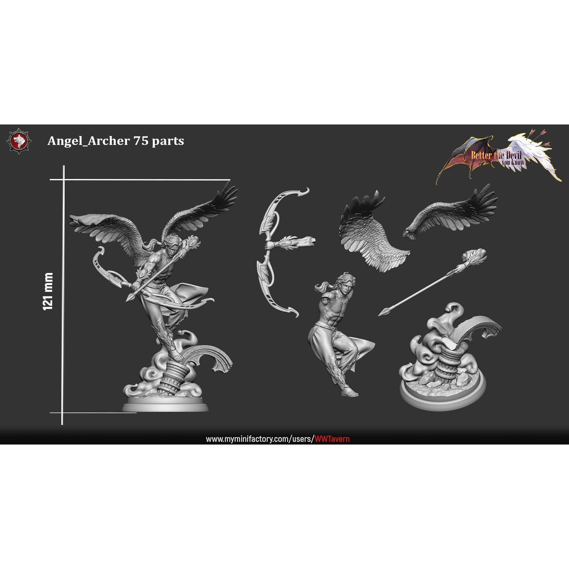 Angelic Archer 75mm Scale Statuette - Better the Devil You Know - 3d Printed Miniature Sculpted by White Werewolf Tavern