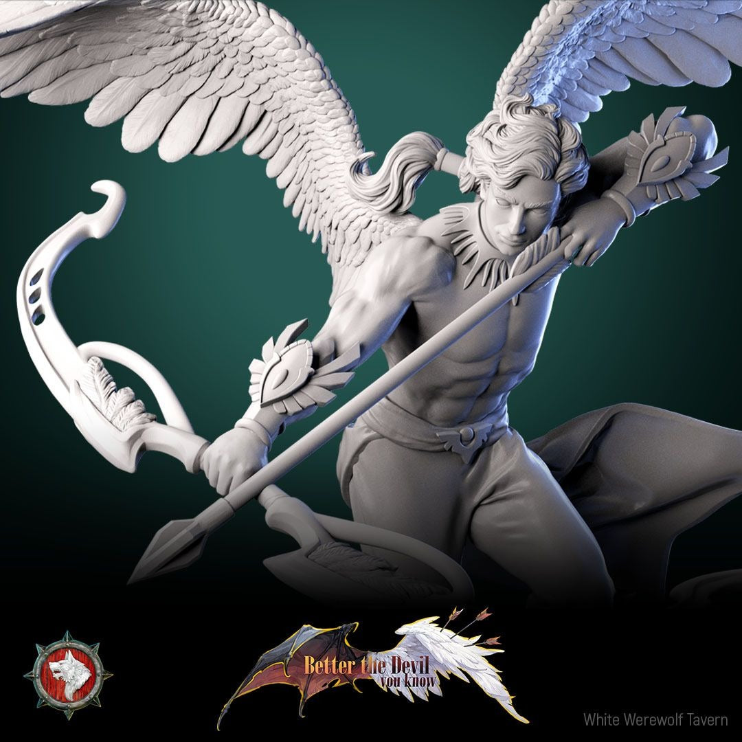 Angelic Archer 75mm Scale Statuette - Better the Devil You Know - 3d Printed Miniature Sculpted by White Werewolf Tavern
