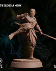 a detailed, sculpted figure of a muscular, bearded monk wielding a staff and sword, set against a dark, stormy background with lightning bolts.