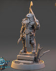 A detailed 3D model of a fantasy character, likely a dwarf or gnome, standing on a pedestal and holding a large weapon. The character appears to be a warrior or warrior-like figure, with a beard and a long beard. The image is a collage of multiple images, and the caption provided does not include any redundancy or vague descriptions.