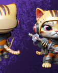 a couple of figurines of a cat and a cat with a sword