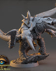 A detailed 3D model of a fantastical creature, possibly a dragon or serpent, with sharp teeth and claws, standing on a rocky surface. The creature appears to be in a fighting stance, with its head and front legs raised. The image is part of a larger collection or series, as indicated by the text "The Shrpytails of Hacksaw River" and "Daybreak Miniatures".