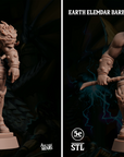 two detailed figurines of Earth ELEMAR BARBARIAN characters, each with distinct poses and weapons. The figurines are set against a dark background with lightning bolts, creating a dramatic and intense atmosphere. The figurines are labeled with the letters 'A' and 'B', indicating their respective positions in the image.