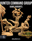 The image is an advertisement for a set of figurines called the Hunter Command Group, which are part of the Kama Variants collection from the video game Acolytes of the Primordials, Part III. The figurines are depicted in various poses, showcasing their unique characteristics and abilities.