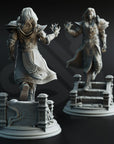 two detailed 3D models of fantasy characters, including a female figure with long hair and a flowing dress, and a male figure with a flowing cape and sword.