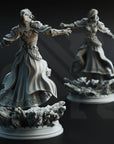 two detailed 3D models of female characters, each with intricate armor and flowing robes, set against a dark background.