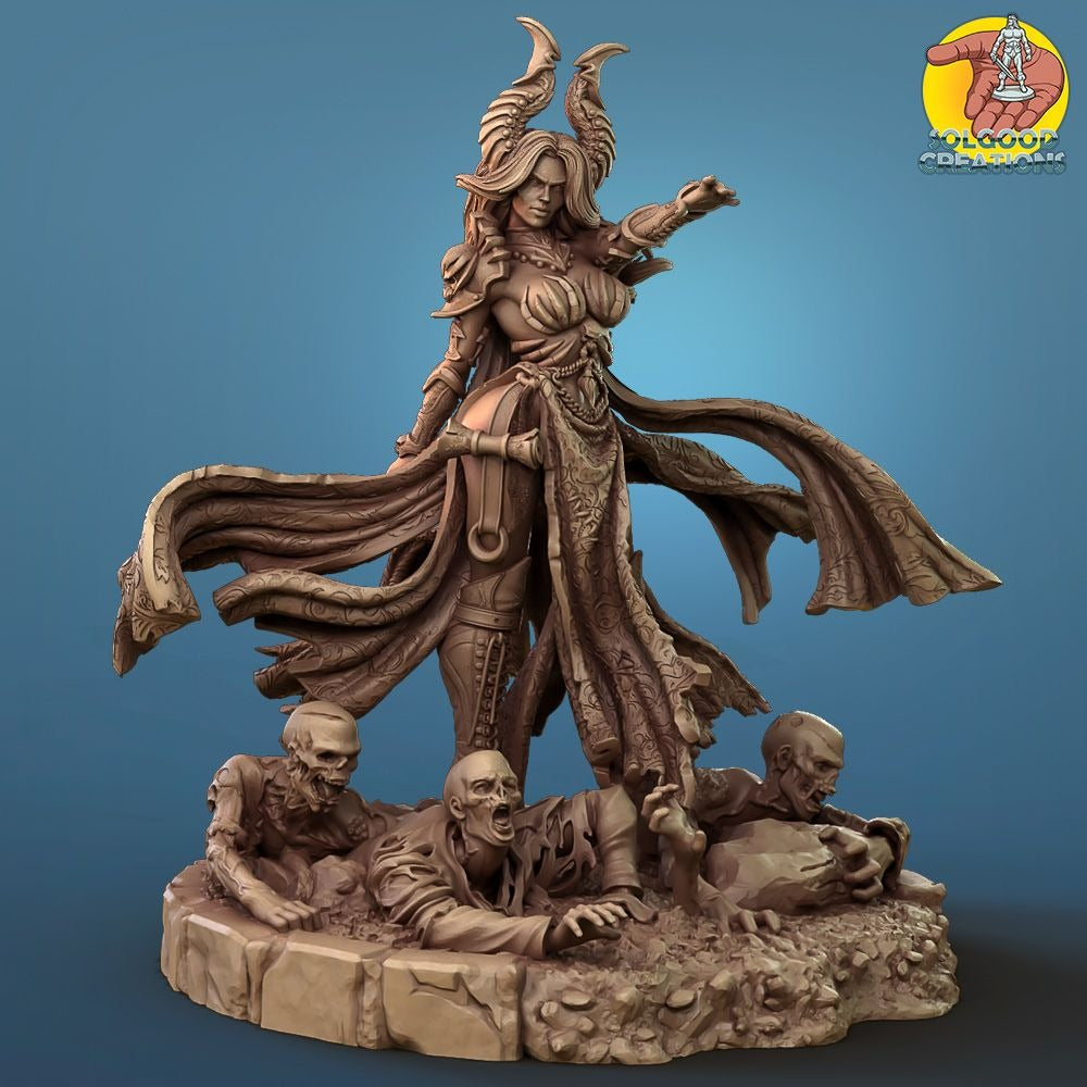 Paleandra, Female Tiefling Necromancer - 3d Printed Miniature Sculpted by SolGood Creations