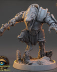 A detailed 3D model of a fierce-looking creature with sharp teeth and claws, standing on a rocky base and holding a weapon. The creature appears to be a mythical or fantastical being, possibly a dragon or serpent.