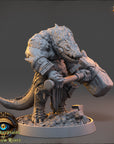 A detailed 3D model of a fierce-looking creature, possibly a mythical or fantastical animal, standing on a base and holding a large weapon.