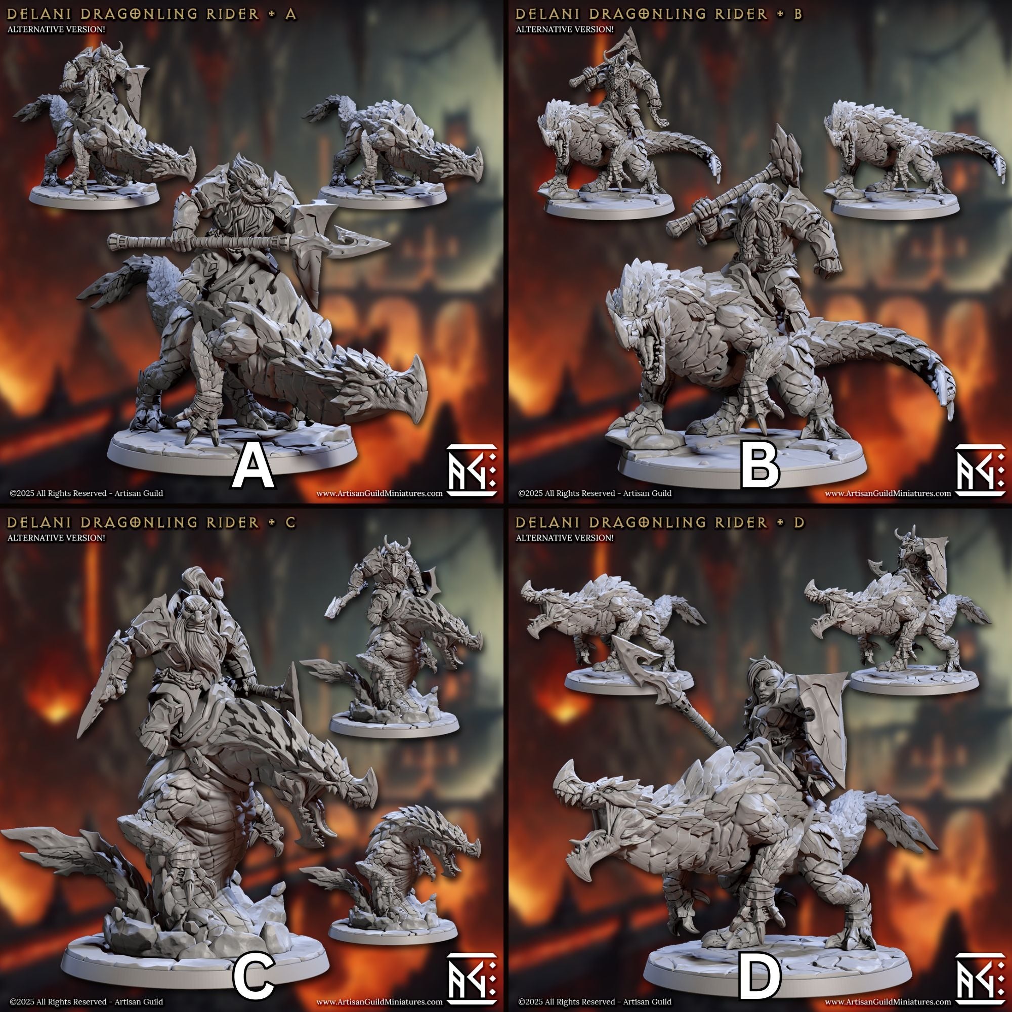Delani Dragonlings with Riders - Magmaforged Dwarves of the Depths - 3d Printed Miniature sculpted by Artisan Guild