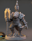 A detailed 3D model of a warrior figure, likely from a fantasy or science fiction game, standing on a base and holding a weapon.