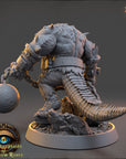 A 3D rendering of a heavily armored and battle-ready creature, possibly a dragon or serpent, with a chain around its neck and a large ball in its hand. The creature appears to be crouched or crouched in a defensive stance, ready for combat.