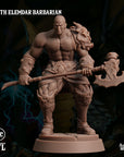 a muscular, bearded male figure wielding a large weapon, likely a sword or spear, and standing in a fighting stance.