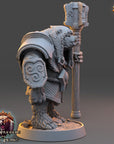 A detailed 3D model of a warrior figure, likely from the video game "The Warriors of Fear". The figure is standing on a base and holding a large weapon, possibly a mace or a club. The image is a collage of various images, including the warrior figure and other elements from the game.