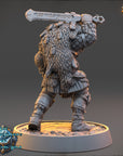 A 3D model of a warrior figure holding a sword, standing on a platform.