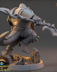 A detailed 3D model of a warrior figure, likely from a fantasy or science fiction game, with intricate armor and weapons.