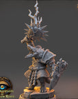 A detailed 3D model of a fantasy character, likely from a video game, with intricate armor, weapons, and a fierce expression.