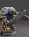 A 3D rendering of a fierce-looking bear wielding a large sword, with the text "The Wardens of Fury Peaks" visible in the image.