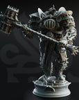 A detailed 3D rendering of a heavily armored and armed warrior figure, wielding a large hammer-like weapon.
