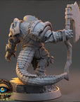 A detailed 3D model of a armored warrior figure, holding a large weapon, with intricate armor and a long tail. The image appears to be a sculpture or statue, and it is set against a dark background.