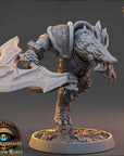 A detailed 3D model of a fierce-looking creature, possibly a mythical or fantastical animal, with a large weapon in its hands. The creature appears to be a combination of a dragon, wolf, or serpent, and is standing on a platform or base. The image is described as a "daybreak miniatures" and is part of the "The Shrumptails of Hacksaw River" series.
