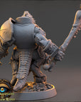 A detailed 3D model of a fantasy creature, possibly a dragon or serpent, with intricate armor and weapons. The creature is standing on a base and appears to be ready for battle or action.
