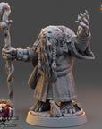 A detailed 3D model of a fantasy character, likely a dragon or mythical creature, holding a staff and standing on a platform. The character has a long beard and is wearing a robe or cloak. The image is described as a "daybreak miniatures" and "The Wardens of Fear", suggesting it is a part of a larger collection or series.