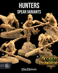 five spear variant figures from the video game Acolytes of the Primordials Part III, each with different poses and weapons.