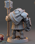 A 3D rendering of a fantasy character, likely a monster or dragon, holding a large hammer or club and standing on a platform. The character is wearing a cape and armor, and the background appears to be a dark, moody color.