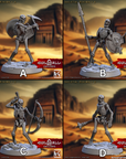 four pictures of a skeleton with a spear and shield