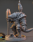 A detailed 3D model of a fierce-looking creature, possibly a mythical or fantastical being, standing on a base and holding a weapon.