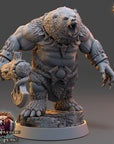 A detailed 3D model of a fierce-looking bear-like creature, possibly a fantasy monster or a character from a video game. The creature has a fierce expression, with sharp teeth and claws, and is holding a weapon in its hands. The image is set against a dark background, which emphasizes the bear-like creature and its imposing presence.