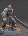 A detailed 3D model of a muscular, bearded dwarf warrior wielding a large sword, standing on a base with a skull and other elements.