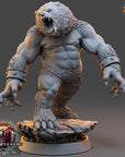 A 3D model of a fierce-looking bear with a muscular build and sharp teeth, standing on a rock formation.