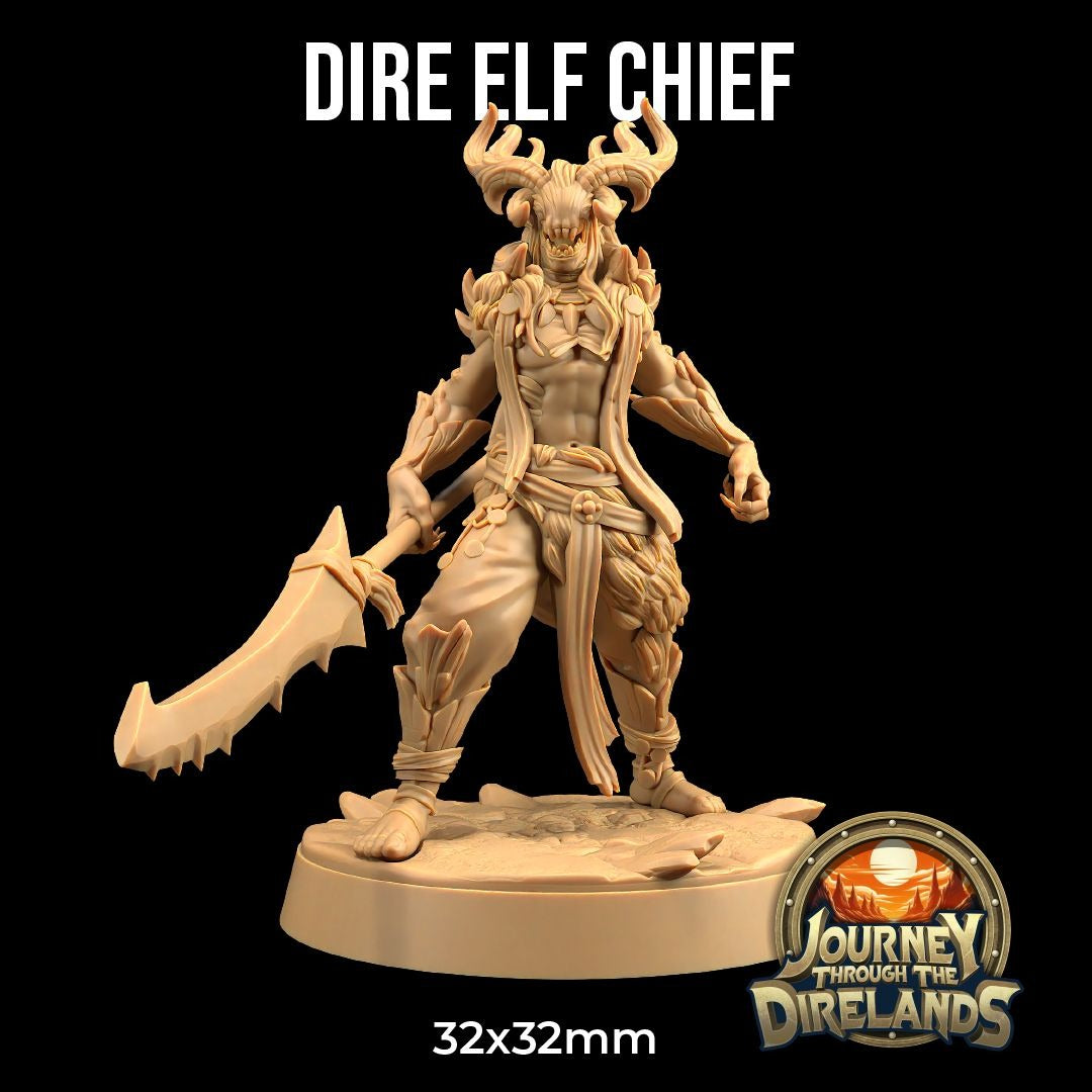 Dire Elf Chief - Journey Through the Direlands - 3d Printed Miniature Sculpted by Dragon Trappers Lodge
