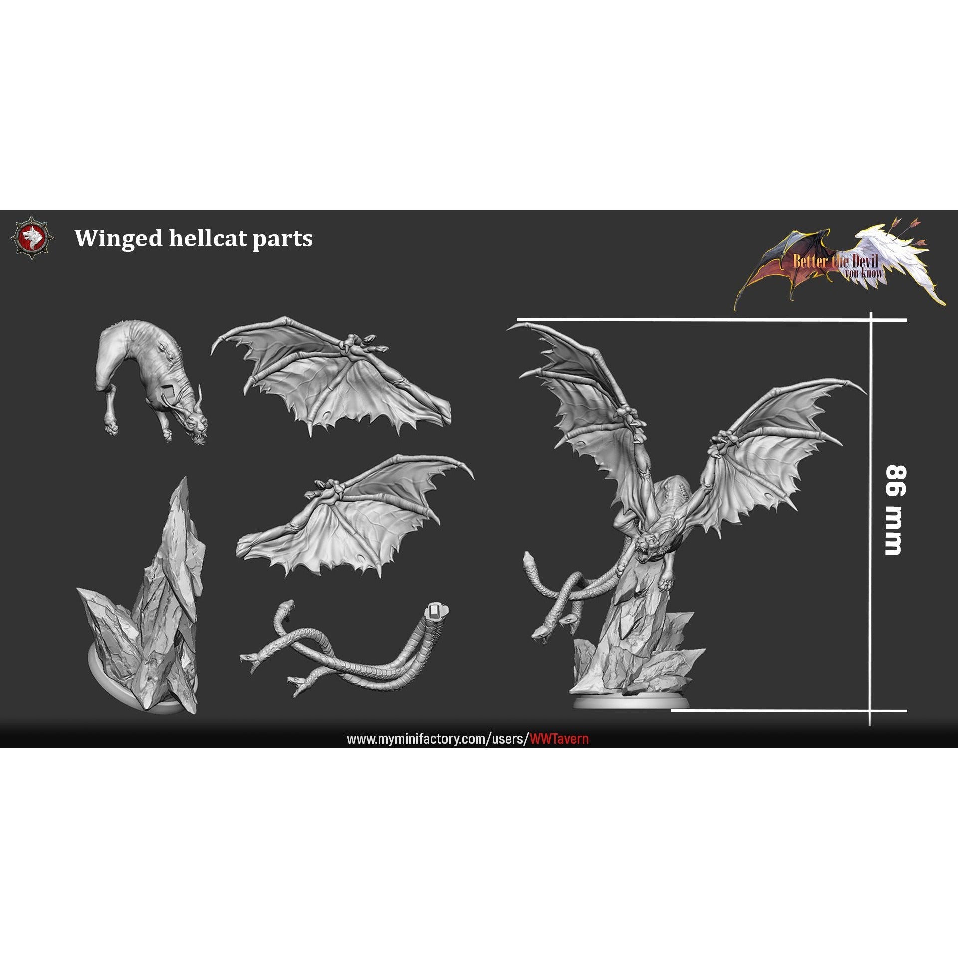 Winged Hellcat - Better the Devil You Know - 3d Printed Miniature Sculpted by White Werewolf Tavern