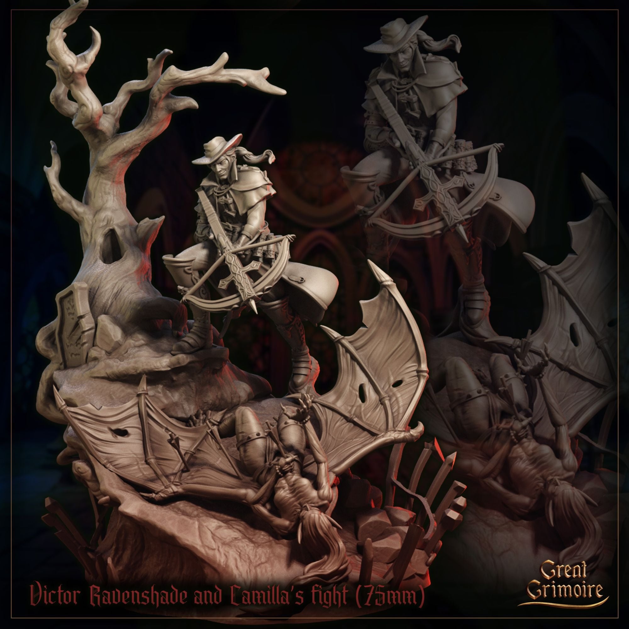 Victor Ravenshade and Camilla Fight - 75mm scale diorama  - 3d printed Miniature Sculpted by Great Grimoire