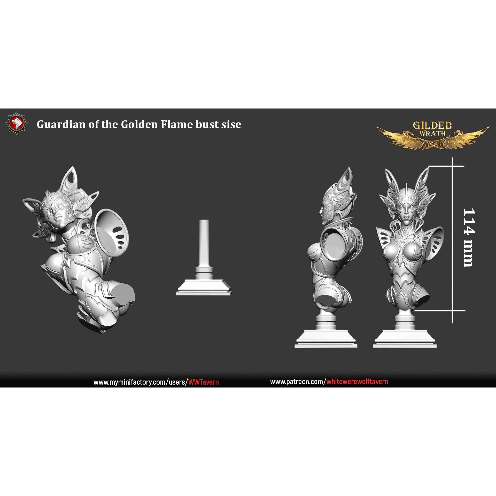 Guardian of the Golden Flame Bust - Gilded Wrath - 3d Printed Miniature Sculpted by White Werewolf Tavern