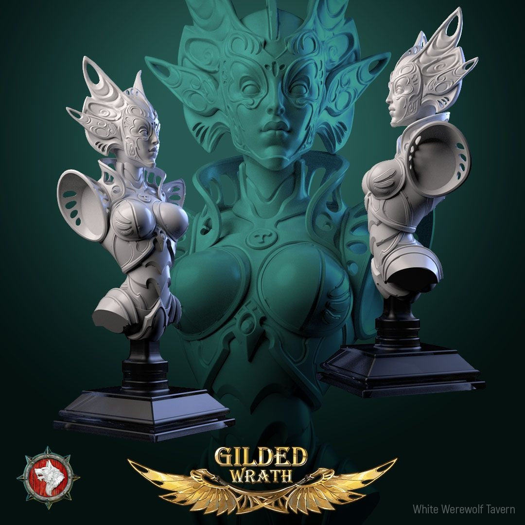 Guardian of the Golden Flame Bust - Gilded Wrath - 3d Printed Miniature Sculpted by White Werewolf Tavern