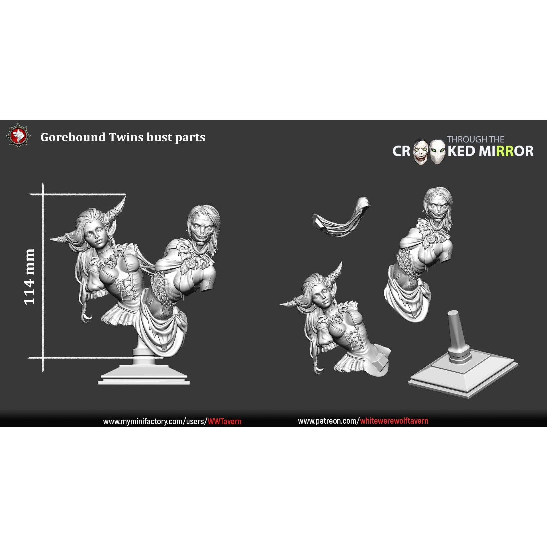 Gorebound Twins BUST - Through the Crooked Mirror - 3d Printed Miniature Sculpted by White Werewolf Tavern