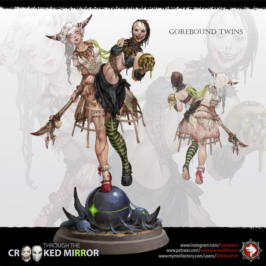 Gorebound Twins BUST - Through the Crooked Mirror - 3d Printed Miniature Sculpted by White Werewolf Tavern