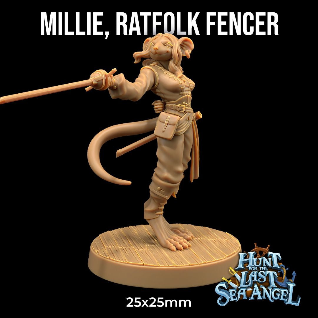 Millie, Ratfolk Fencer - Hunt for the Last Sea Angel - 3d Printed Miniature Sculpted by Dragon Trappers Lodge