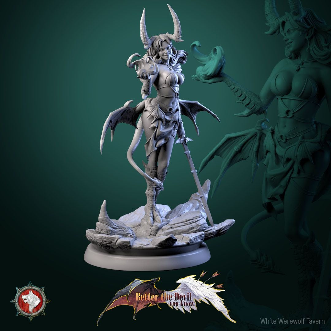 Darkheart Dame 75mm Scale Statuette - Better the Devil You Know - 3d Printed Miniature Sculpted by White Werewolf Tavern