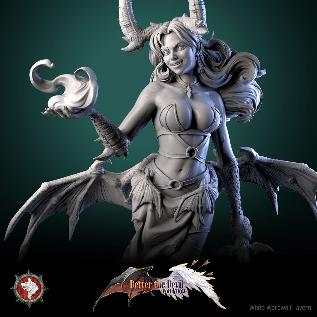 Darkheart Dame 75mm Scale Statuette - Better the Devil You Know - 3d Printed Miniature Sculpted by White Werewolf Tavern