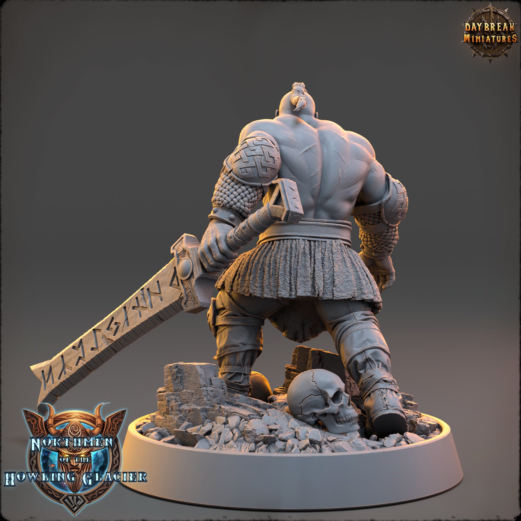 A 3D model of a muscular, armored warrior figure holding a large sword and standing on a rocky base.
