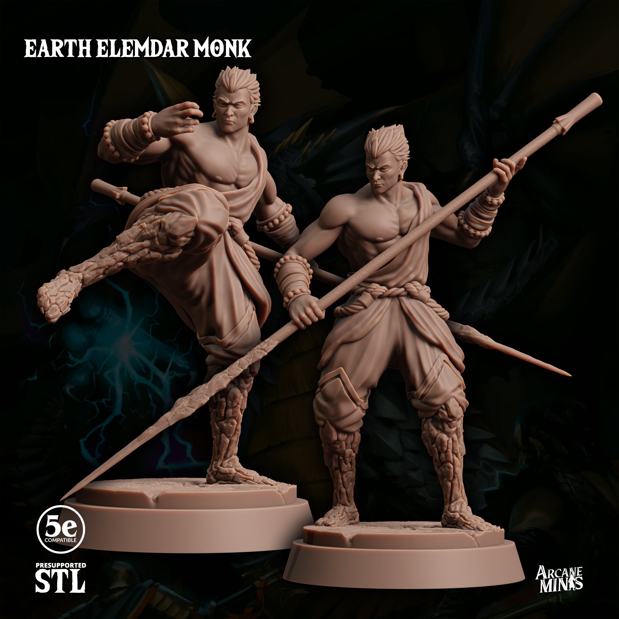 two detailed, muscular male figures in action poses, one with a spear and the other with a staff, set against a dark background.