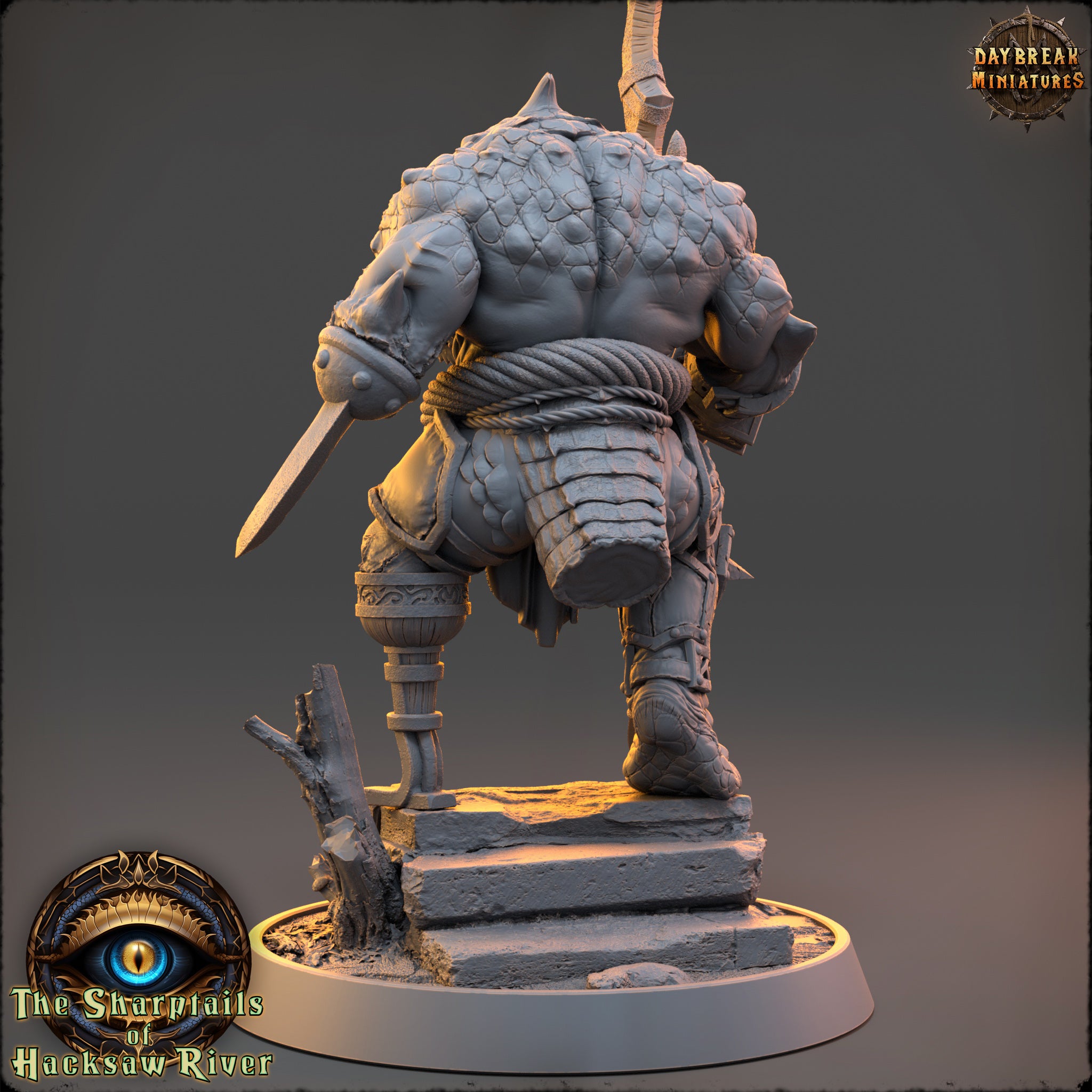 A 3D rendering of a large, imposing figure with a sword and other weapons, standing on a platform. The figure appears to be a warrior or warrior-like character, with a distinctive design and intricate details.