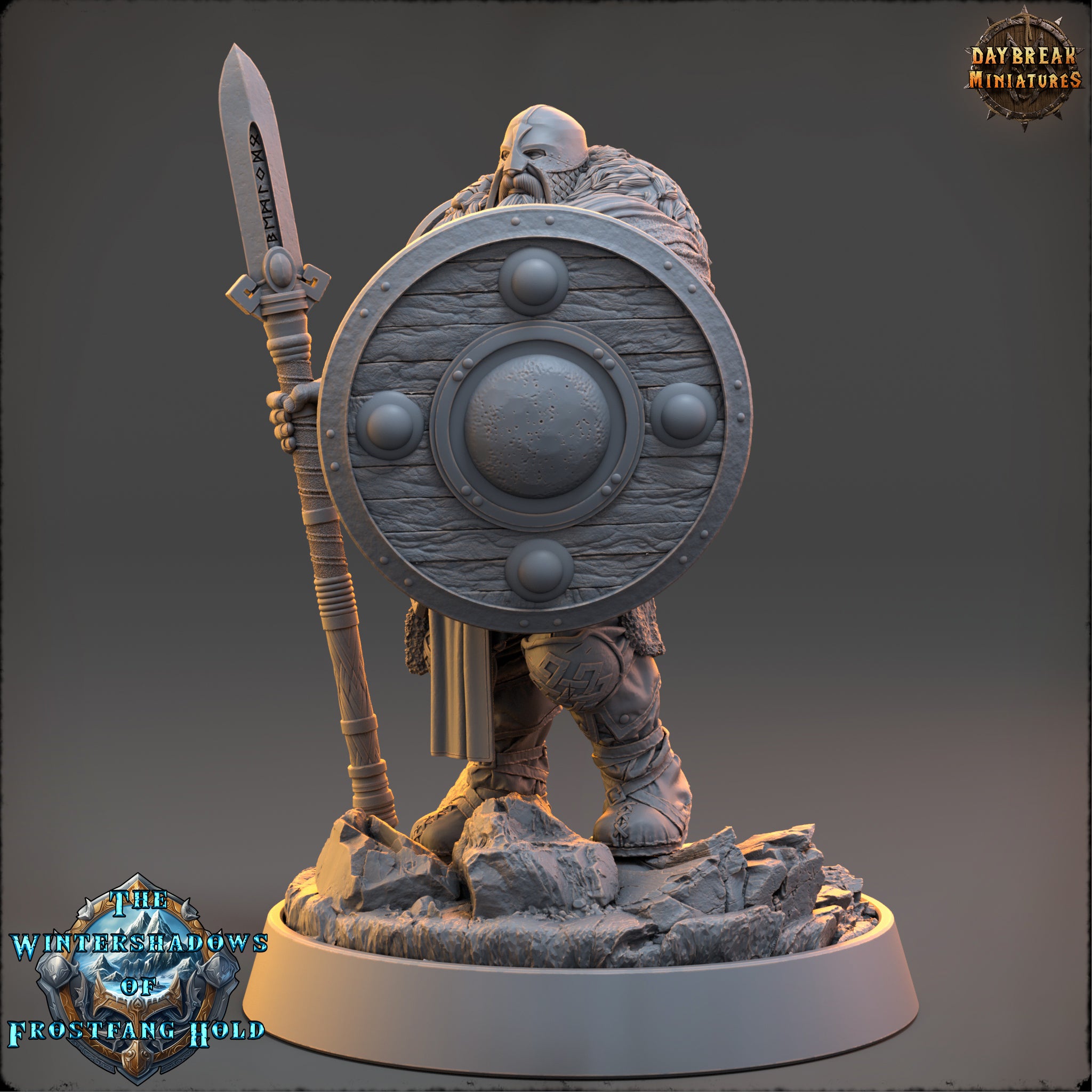 A detailed 3D model of a warrior figure holding a shield and spear, standing on a rocky base.