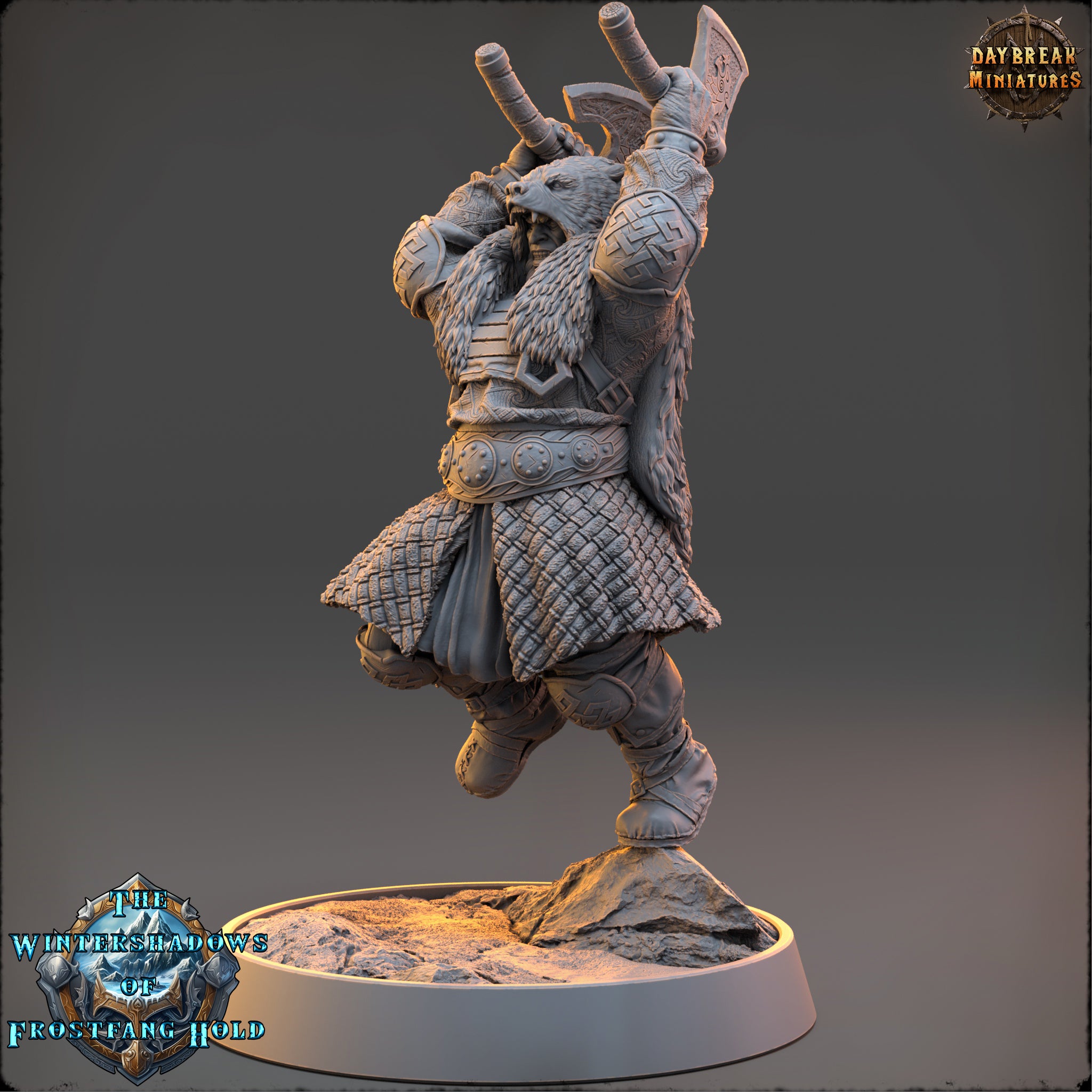A detailed 3D model of a fantasy character, possibly a dwarf or gnome, standing on a platform and holding a weapon in their hands.